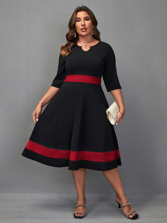 #4646 Contrast Panel Notched Neckline Dress
