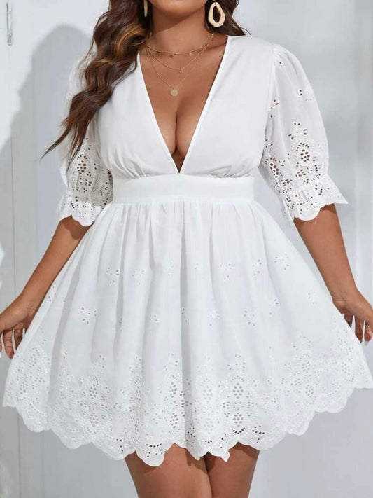 Eyelet Embroidery Scallop Trim Plunging Neck Dress