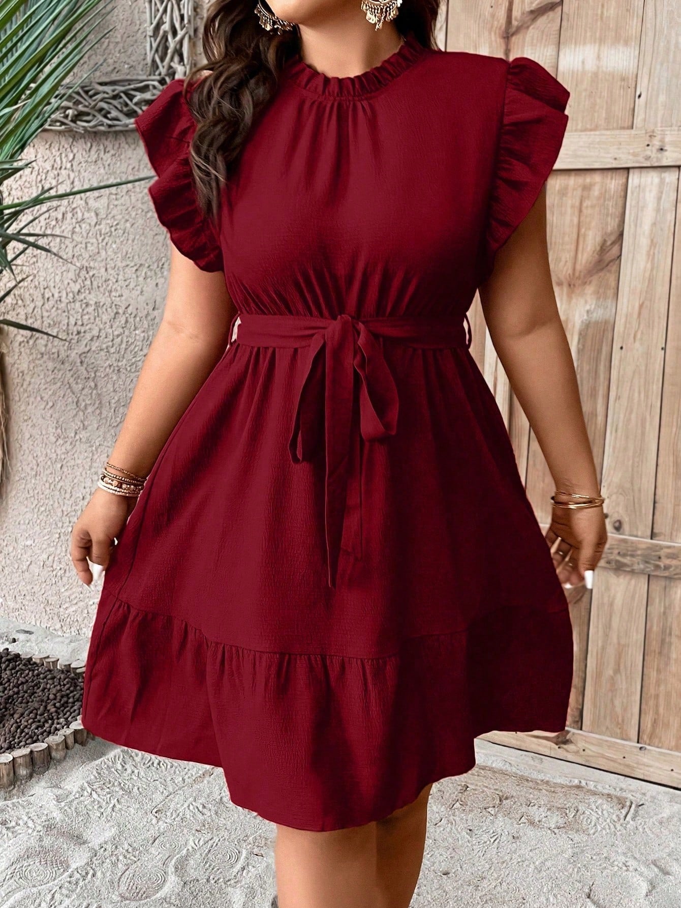 #8495 Ruffle Trim Ruffle Hem Belted Dress