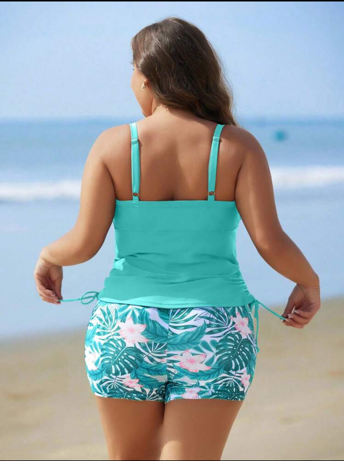 #9533 Floral Print Shorts With Adjustable Straps Top Tankini Set
