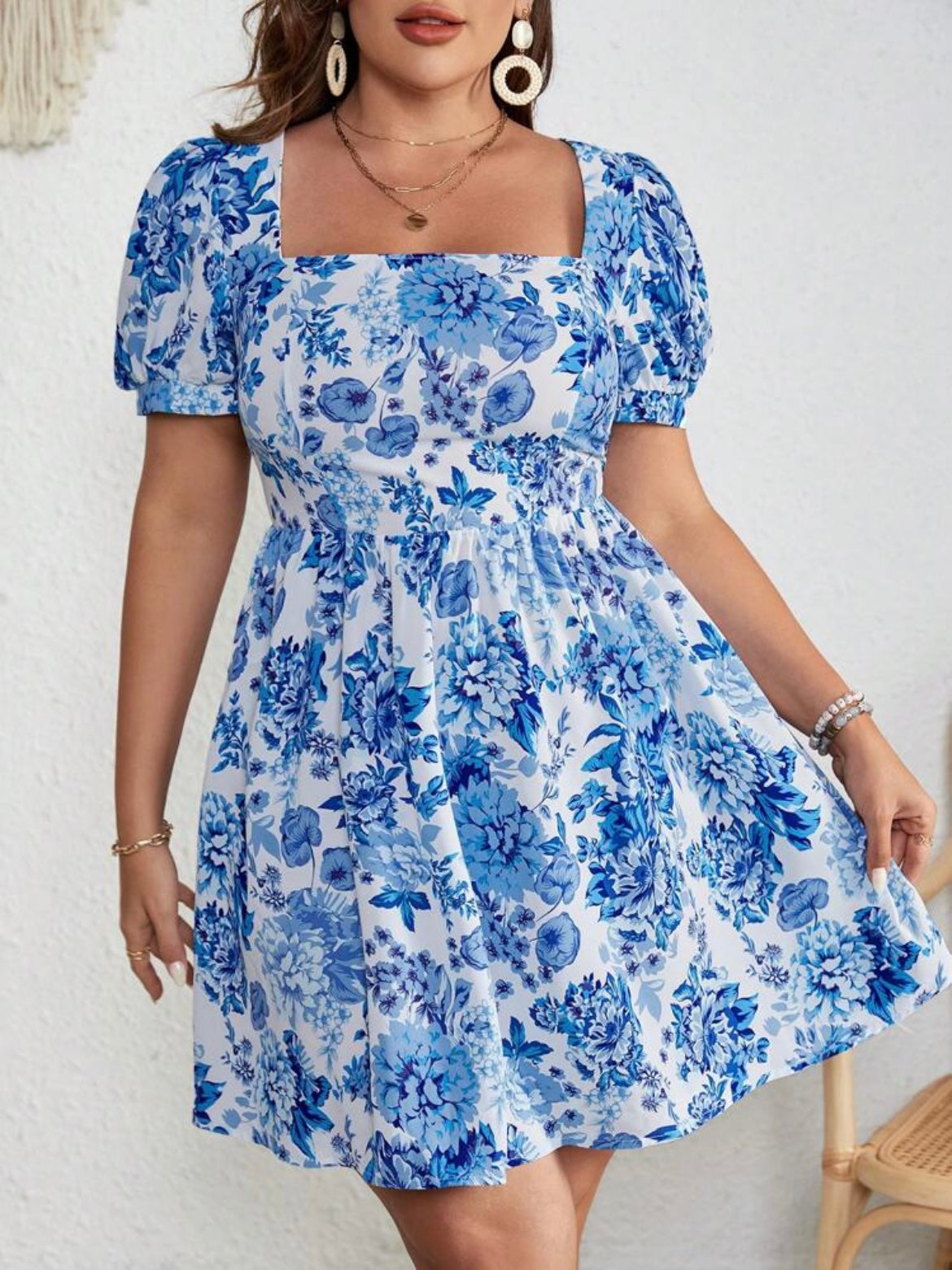 Floral Print Square Neck Puff Sleeve Dress