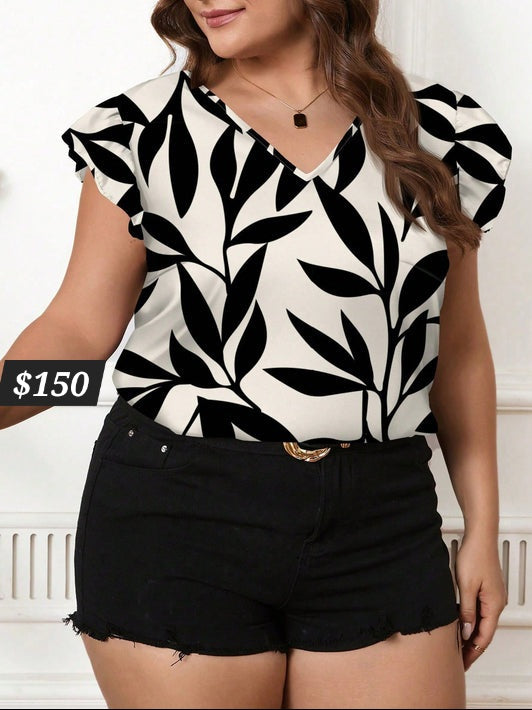 #6112 Minimalist Leaf Print V-Neck Blouse