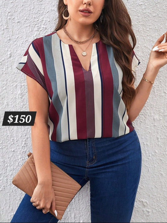 #9178 Striped Notched Neckline Batwing Sleeve Blouse