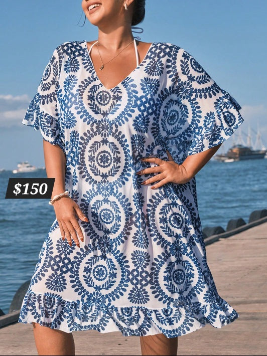 #1109 Plant Print V-Neck Batwing Sleeve Loose Cover Up Dress