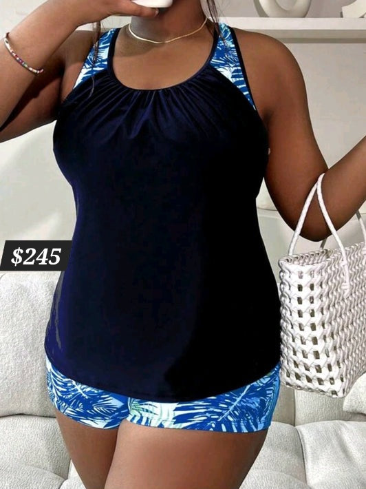#8586 Tropical Print Ruched Tankini
