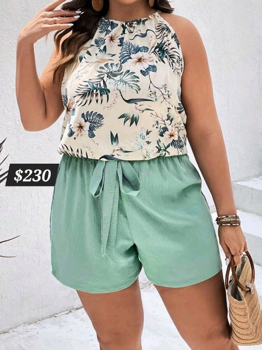 #1337 2 piece Floral Print Halter Top & Knot Front Shorts