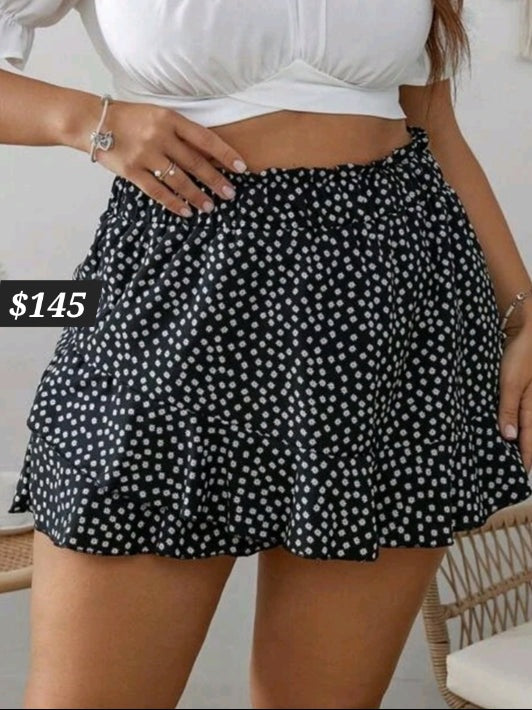 #2344 Ditsy Floral Print Paperbag Waist Skort