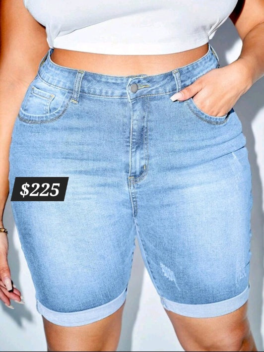 #4548 High Waist Roll Hem Denim Shorts