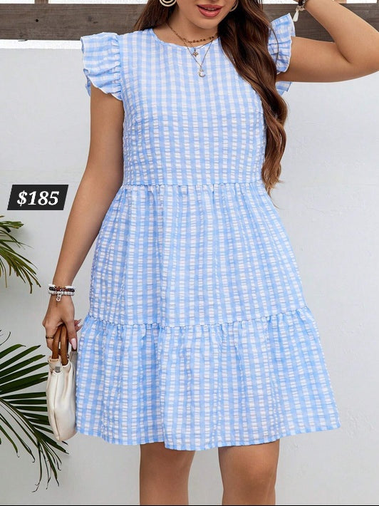 #4999 Checkered Printed Ruffled Hem Textured Dress