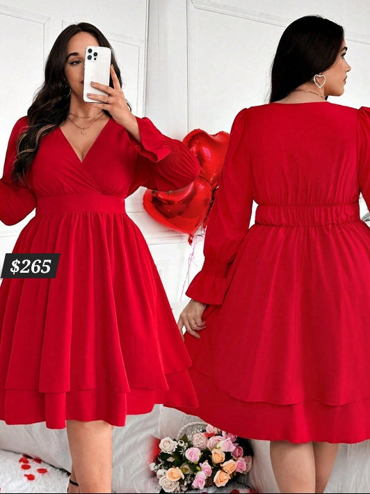 #5447 Solid Color Cross Shirred Double-Layered Hem Elastic Cuff Long Sleeve Dress
