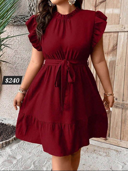 #8495 Ruffle Trim Ruffle Hem Belted Dress