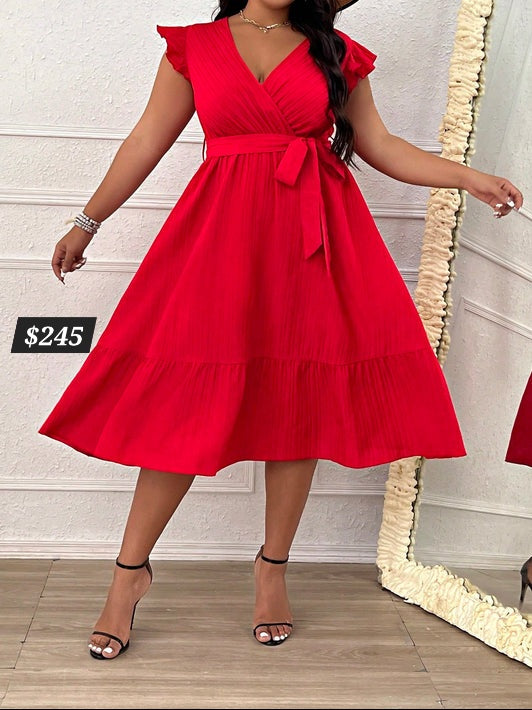 #5189 Ruffle Trim Belted Dress
