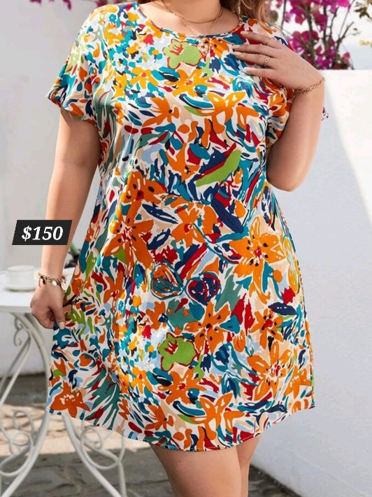 #5213 Floral Print Batwing Sleeve Tunic Dress