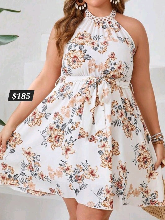 #1601 Floral Print Halter Neckline Dress With Lace Trim