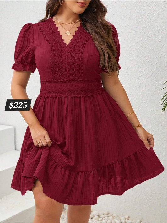 #9611 Lace Patchwork Puff Sleeve Dress
