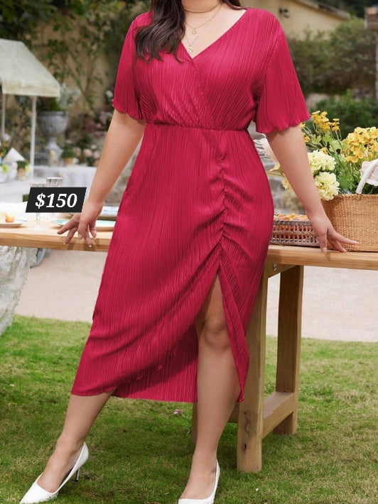 #1616 Solid Color Pleated V-Neck Split Hem Dress