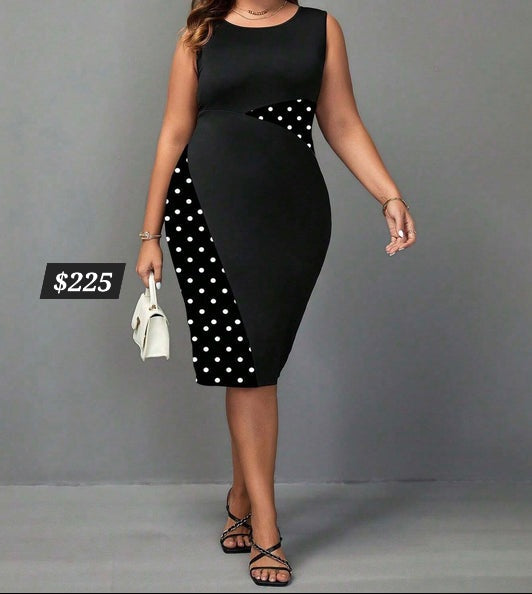 #4700 Elegant Polka Dot Printed Patchwork Bodycon Sleeveless Dress