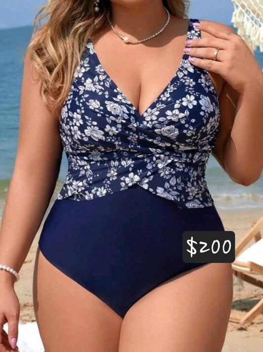 #4339 Floral Print Cross Strap One Piece Swimsuit