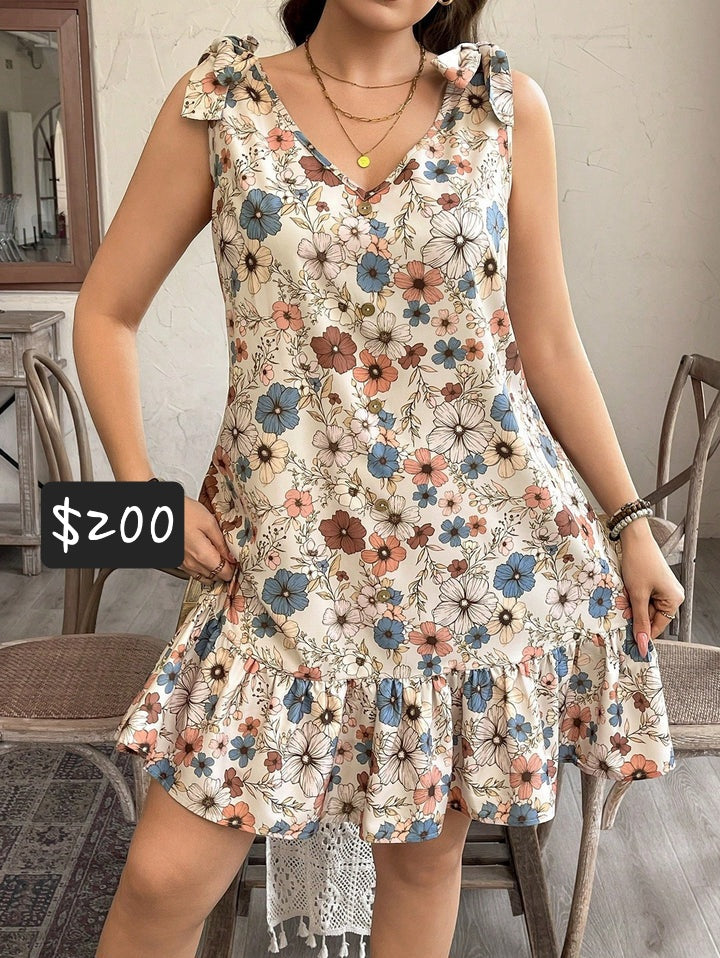 #5177 Sleeveless Floral Bow Tie Casual Mini Dress