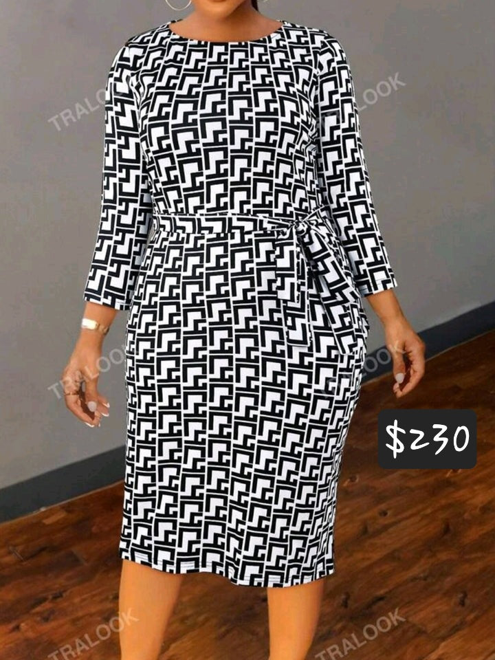 #0454 Elegant Round Neck Houndstooth Print Dress