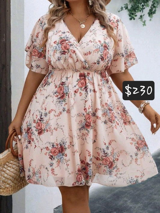 #4374 Floral Print Butterfly Sleeve Dress