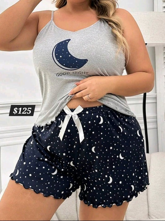 #9309 Moon Printed Tank Top And Shorts Pajama Set