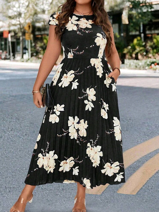 C#2508 Floral Print Round Neck Pockets Elegant Short Sleeve Dress