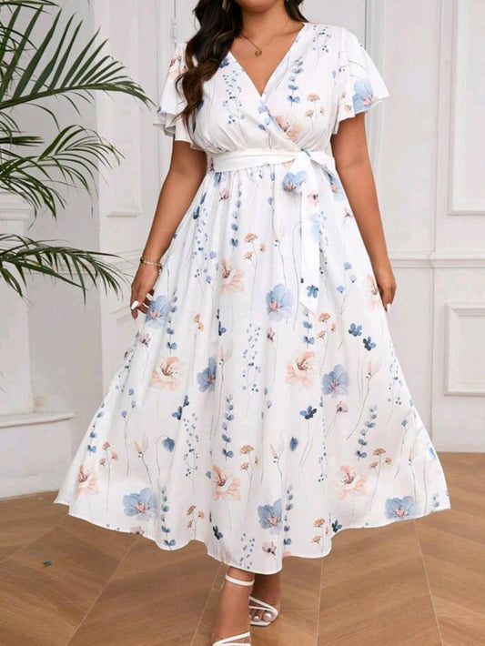 C#6229 V-Neck, Floral Print And Split Hem Dress