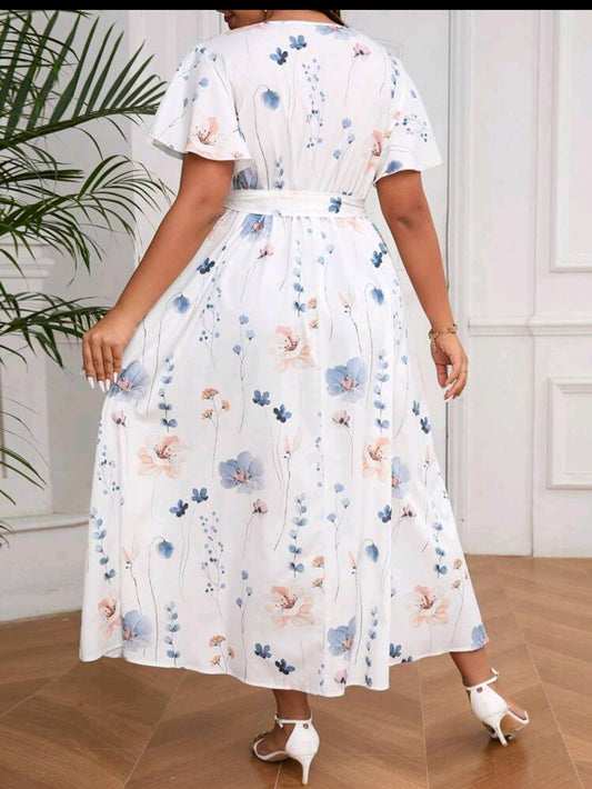 C#6229 V-Neck, Floral Print And Split Hem Dress