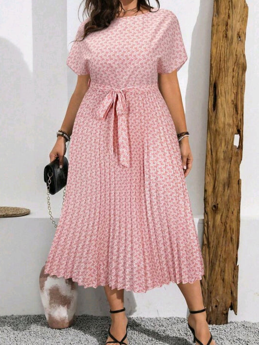 C#8301 Allover Print Batwing Sleeve Pleated Hem Dress