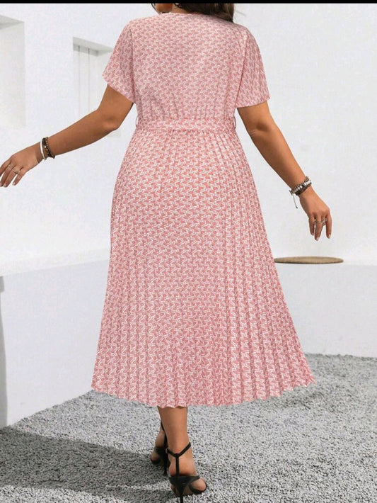 C#8301 Allover Print Batwing Sleeve Pleated Hem Dress