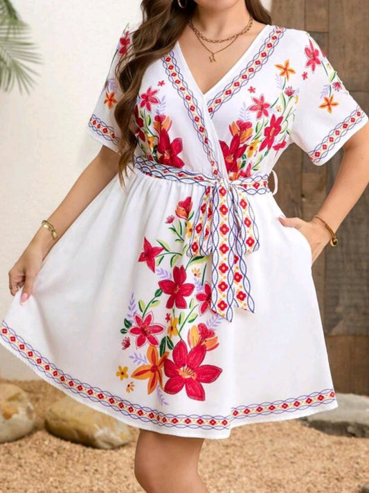 C#3323 Floral Print V-Neck Tie-Up Dress