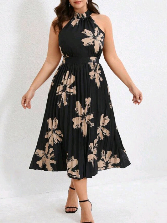 C#5138 Elegant Fashion Flower Print Halter Tie Waist Pleated Dress