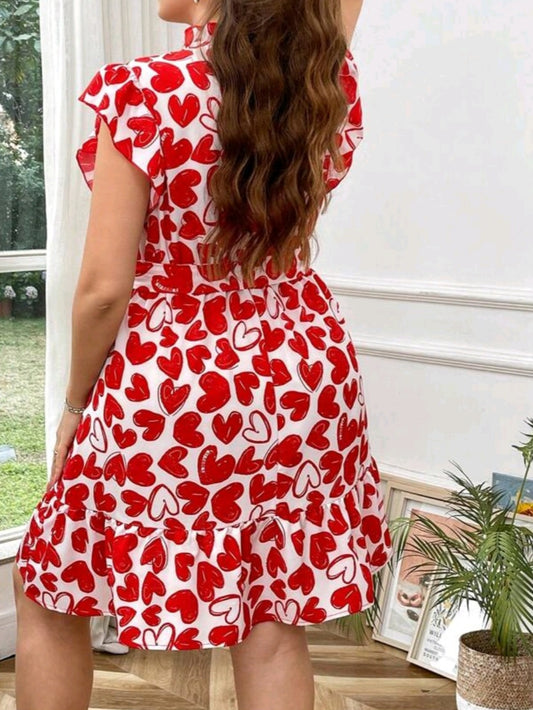 C#8403 Romantic Heart Print Flared Loose Waist Tie Dress