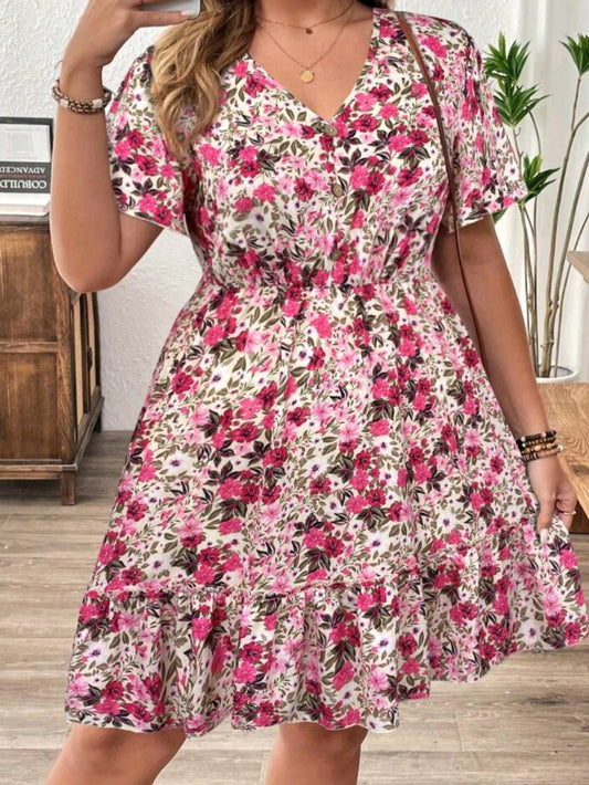 C#4142 Ditsy Floral V-Neck Short Sleeve Dress With Button Decor