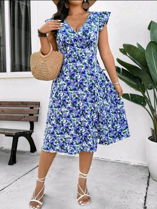 C#5615 Ditsy Floral Split Hem Midi Dress