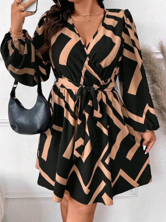 C#4635 V-Neck Long Sleeve Fashion Tie Waist All-Over Print Design Dress