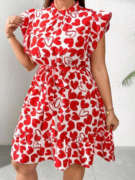 C#8403 Romantic Heart Print Flared Loose Waist Tie Dress