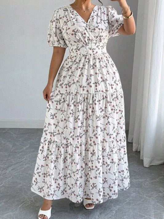 C#7567 Bubble Sleeve Crossed V-Neck Waisted A-Line Long Elegant Dress