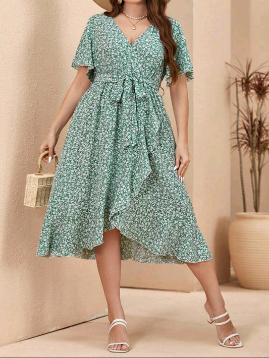 C#3341 Floral V-Neck Flounce Sleeve Dress