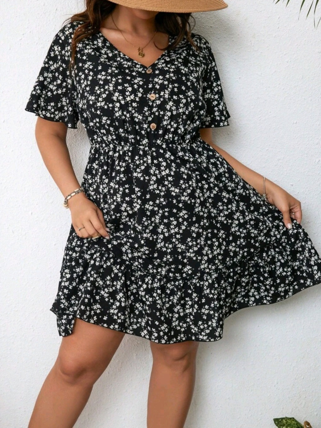 Ditsy Floral Print Butterfly Sleeve Ruffle Hem Dress