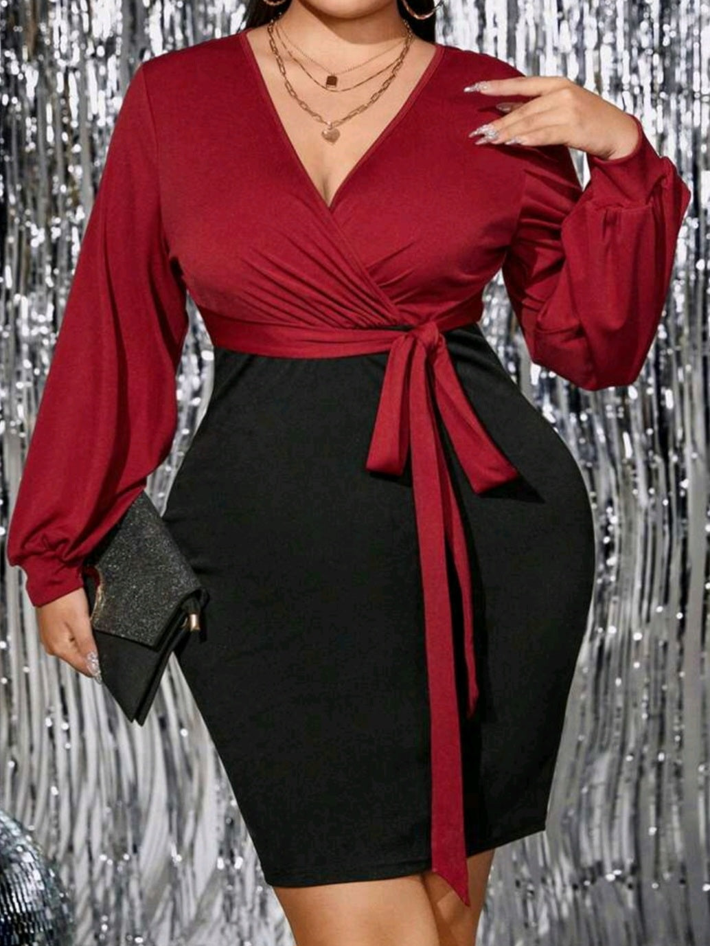 Two Tone Lantern Sleeve Belted Bodycon Dress