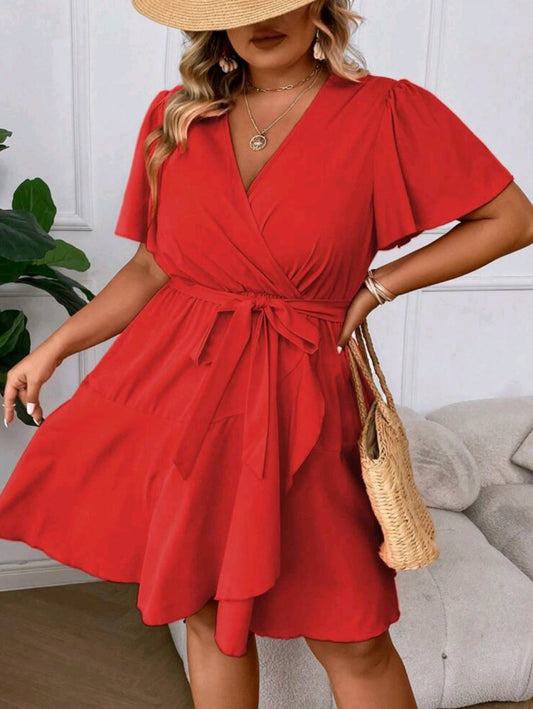 Ruffle Trim Wrap Hem Belted Dress