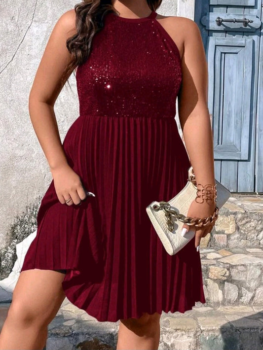 Sequin Pleated Hem Halter Neck Dress