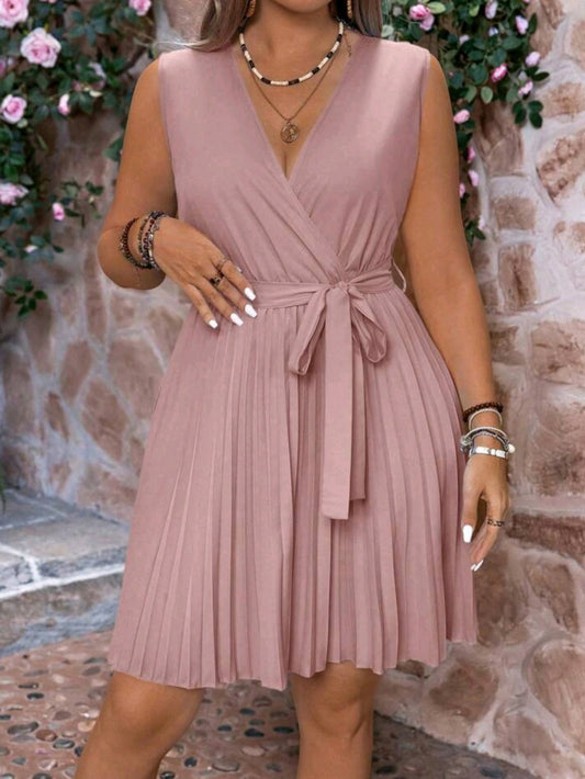 #4460 Fashionable V-Neck Simple Pleated Waist Sleeveless Dress