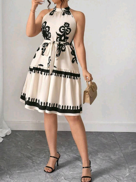 #4521 Casual Graphic Halter Dress