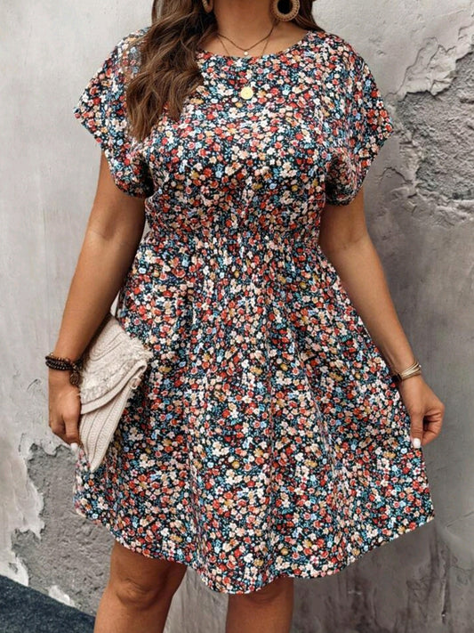 7528 Ditsy Floral Batwing Sleeve Waist Cinched Dress