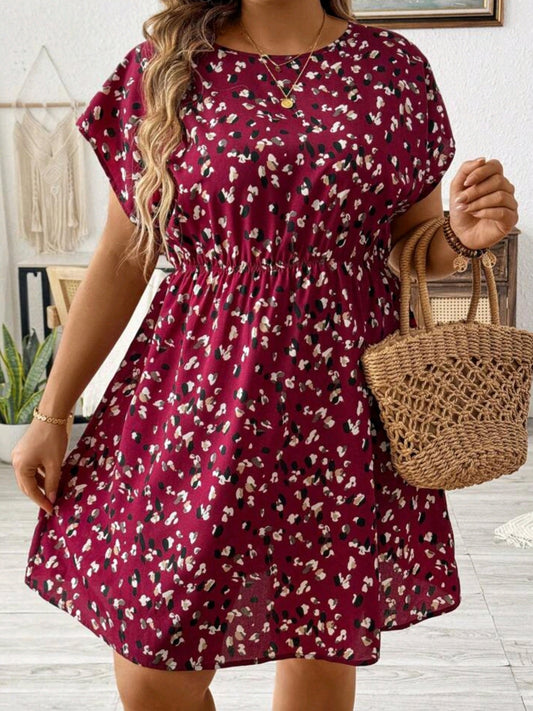 3355  Allover Print Round Neck Batwing Sleeve Dress