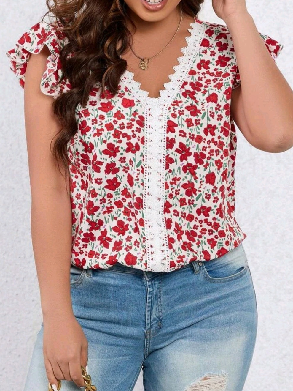 Lace Panel Butterfly Sleeve Blouse