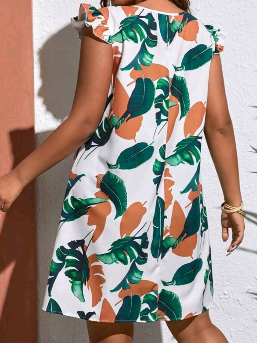 Tropical Print Ruffle Trim Dress